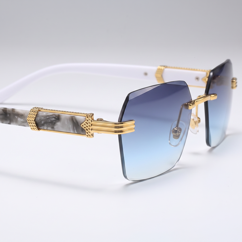 Gradient Color Rimless Square Sunglasses - Gradient Blue Lens - hinge detail shot