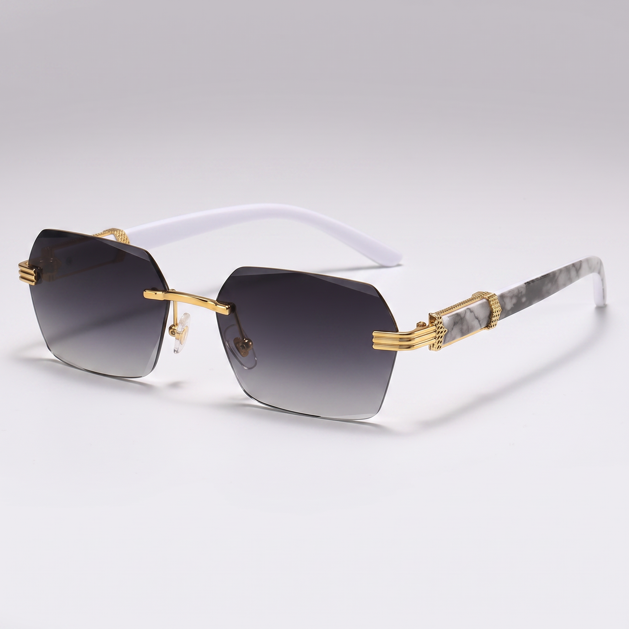 Gradient Color Rimless Square Sunglasses - Black Gray Lens - three-quarter studio shot