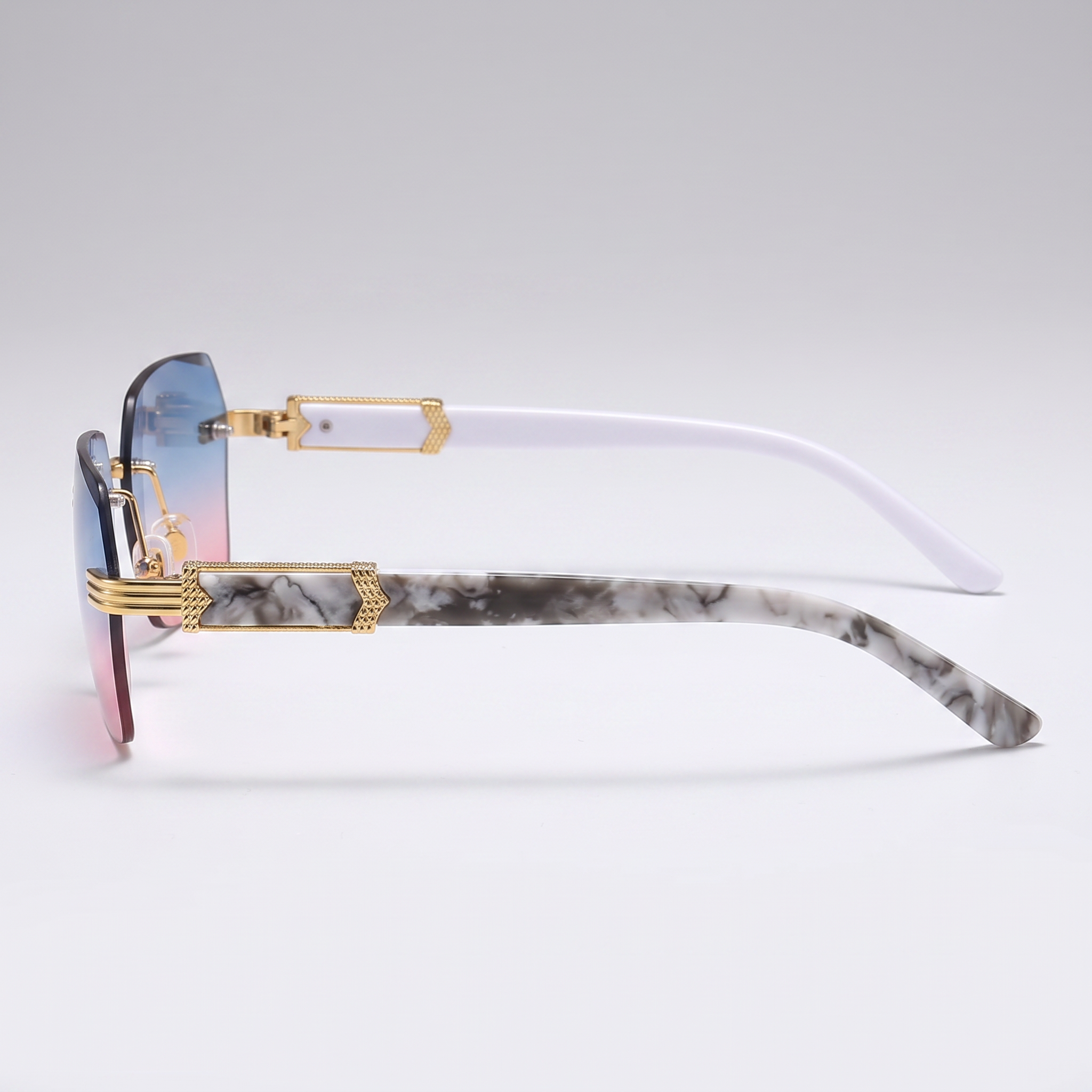 Gradient Color Rimless Square Sunglasses - Blue Pink Lens - side profile studio shot