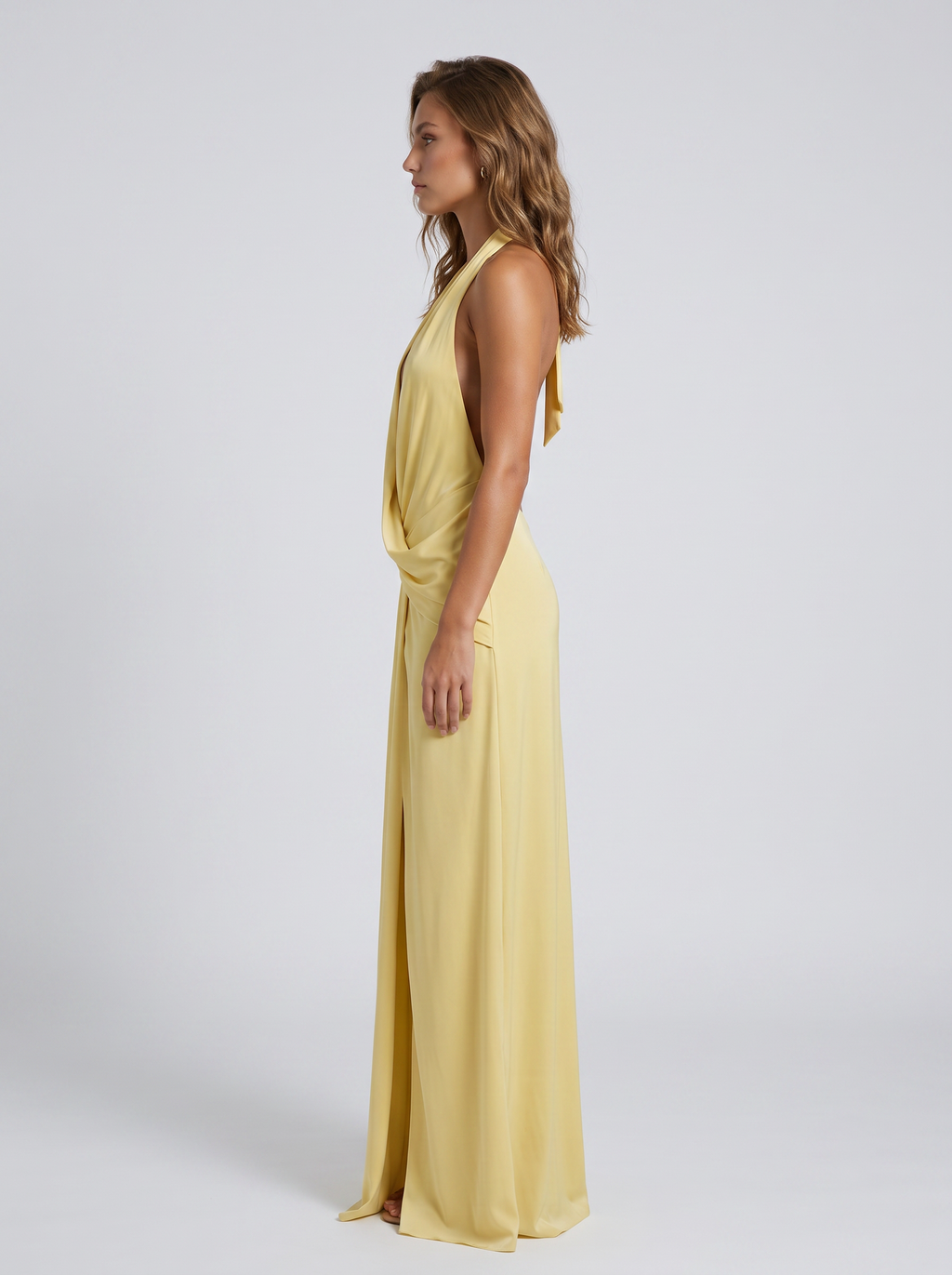 Zelira Deep V Halter Gown - Yellow - Side