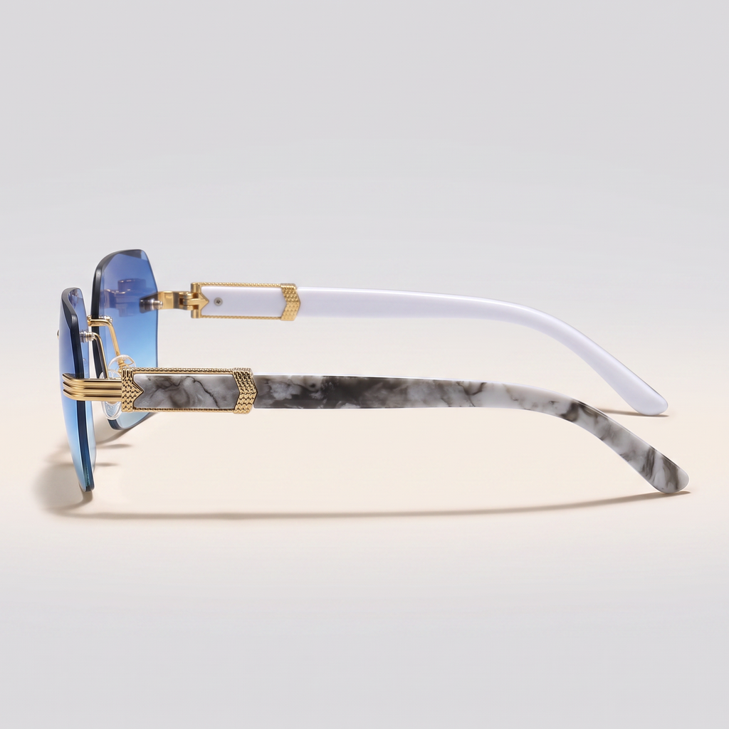 Gradient Color Rimless Square Sunglasses - Gradient Blue Lens - side profile studio shot