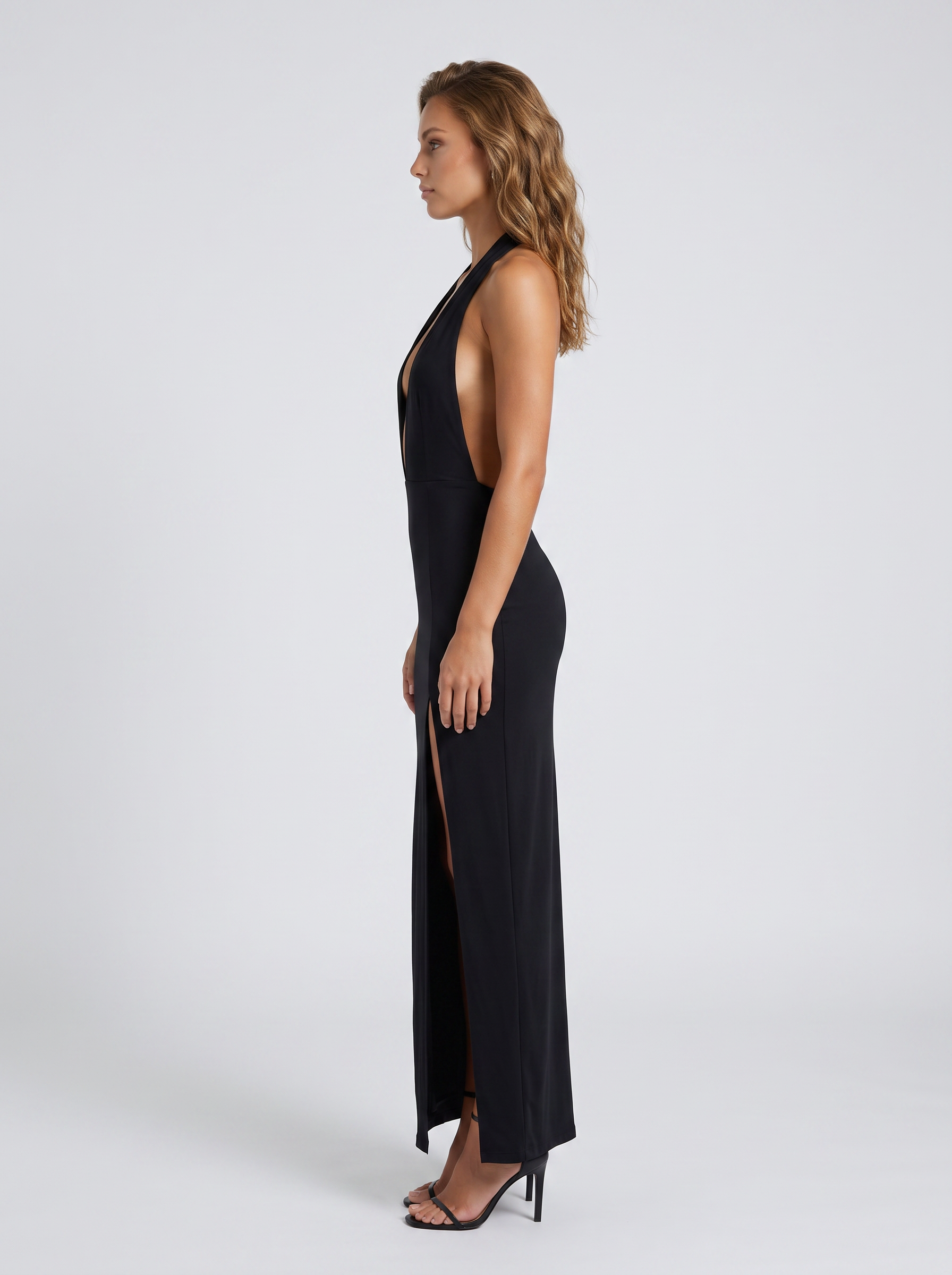 Zelira Deep V Halter Gown - Black - Side
