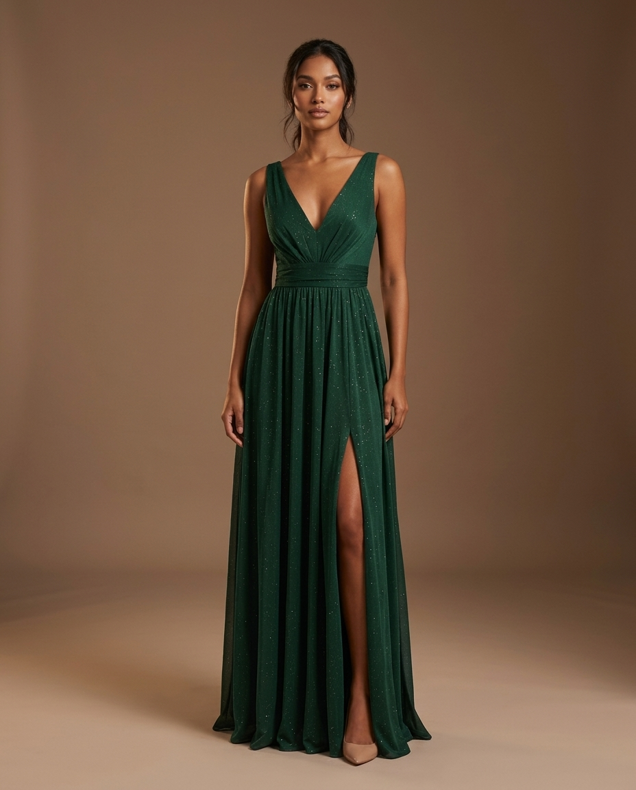 Aurelia V Neck Maxi Dress Dark Green — Front