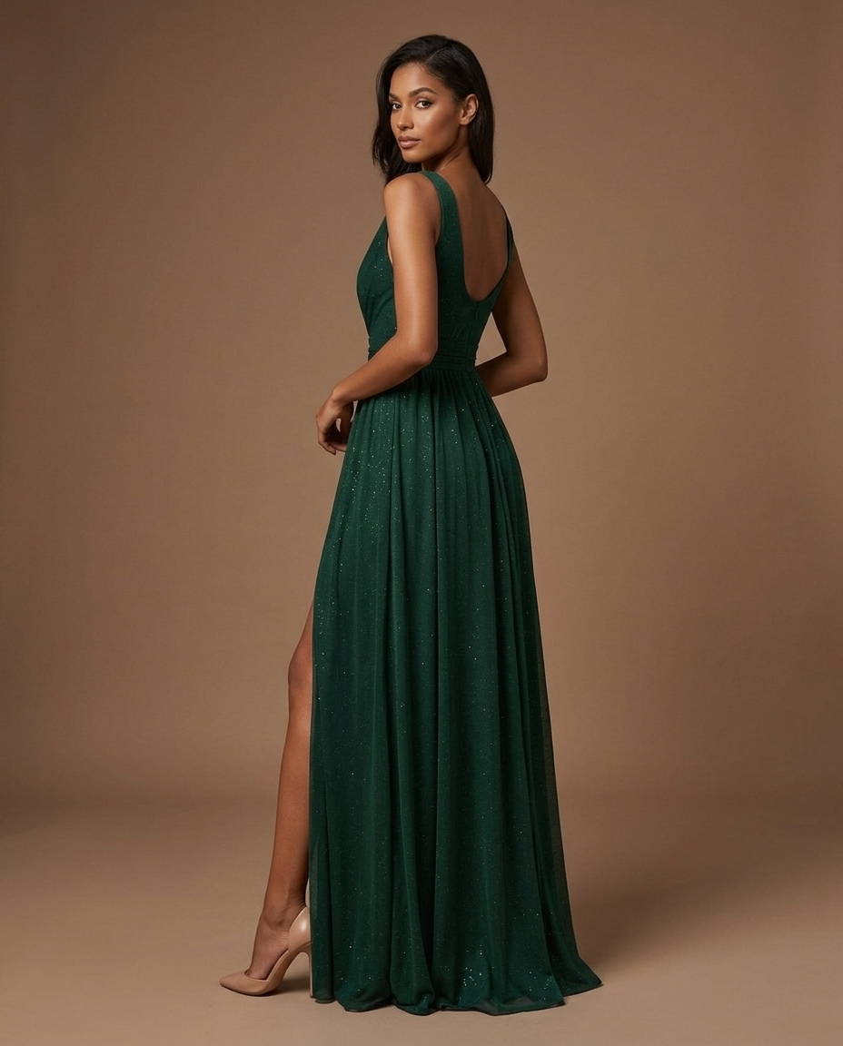 Aurelia V Neck Maxi Dress Dark Green — Rear Side