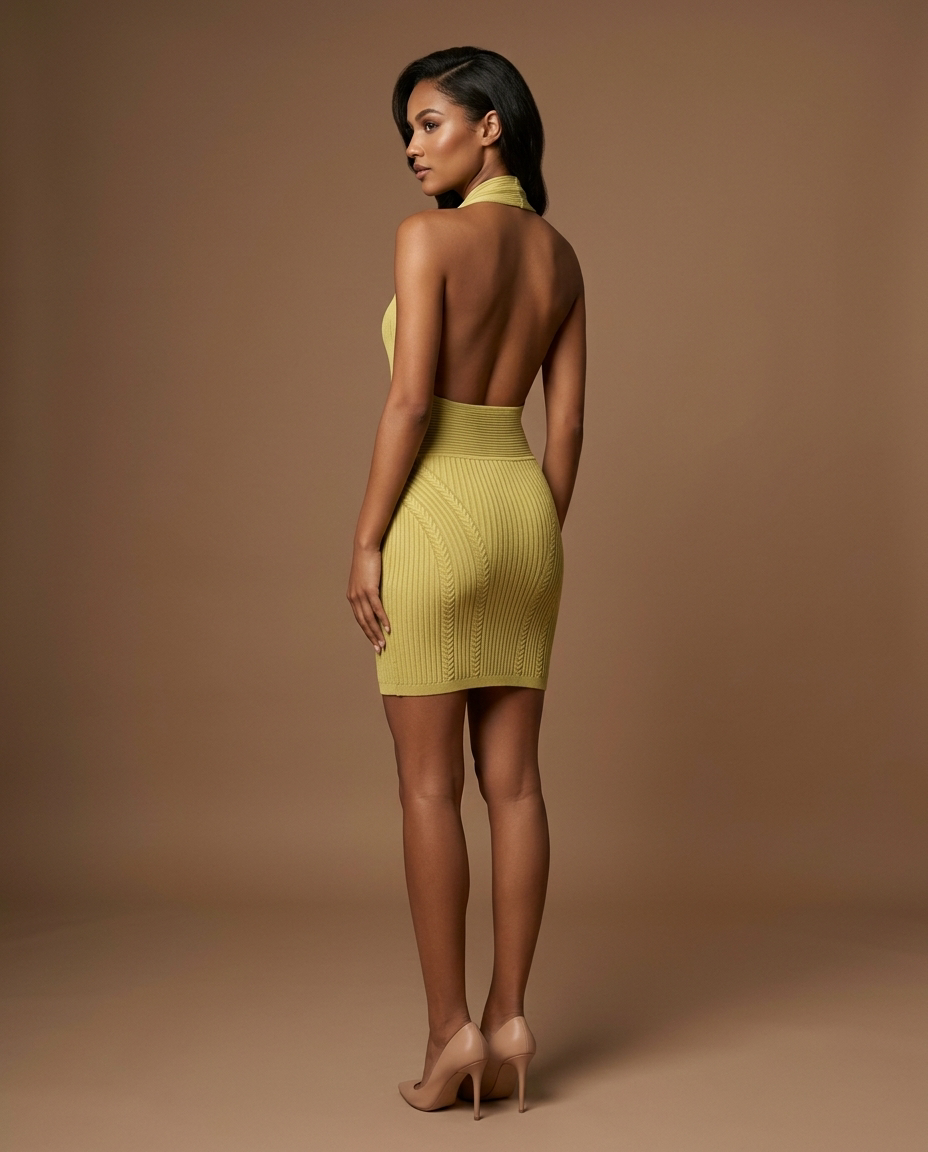 Solenne Halter Knit Dress Yellow-Green — Rear Side