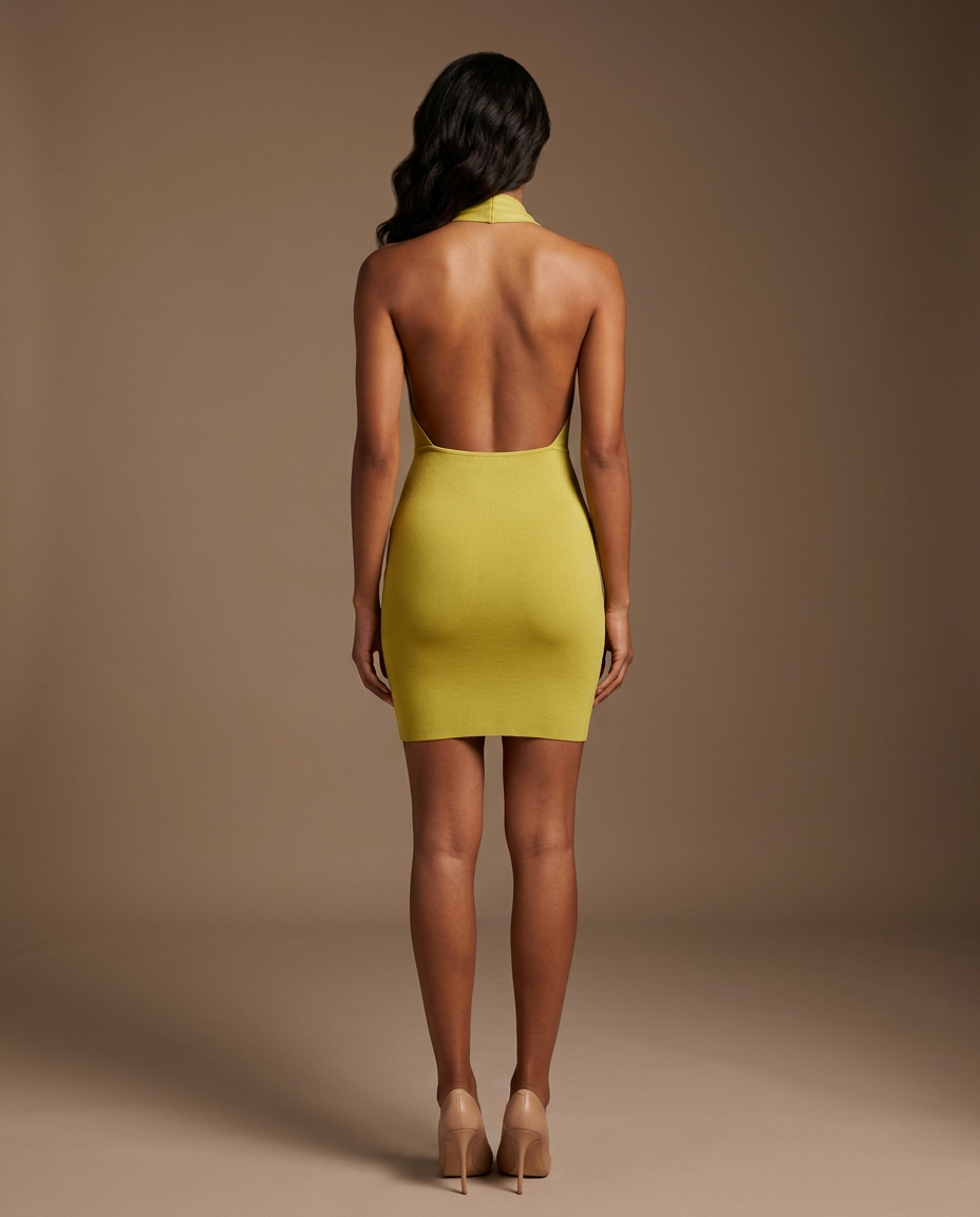 Solenne Halter Knit Dress Yellow-Green — Rear