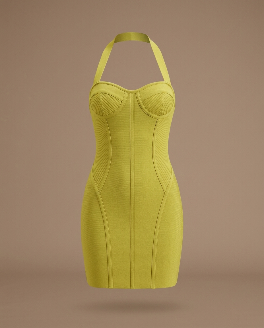Solenne Halter Knit Dress Yellow-Green — Dress Only