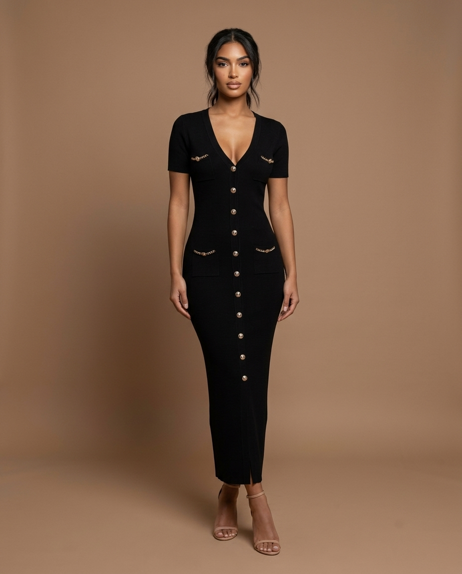 Blaire Knit Button Maxi Black — Front