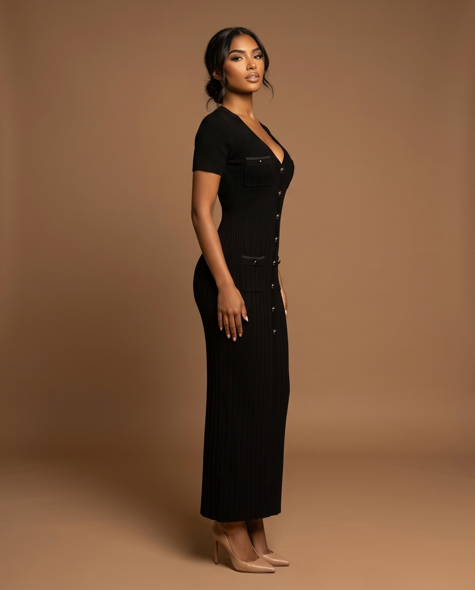 Blaire Knit Button Maxi Black — Side