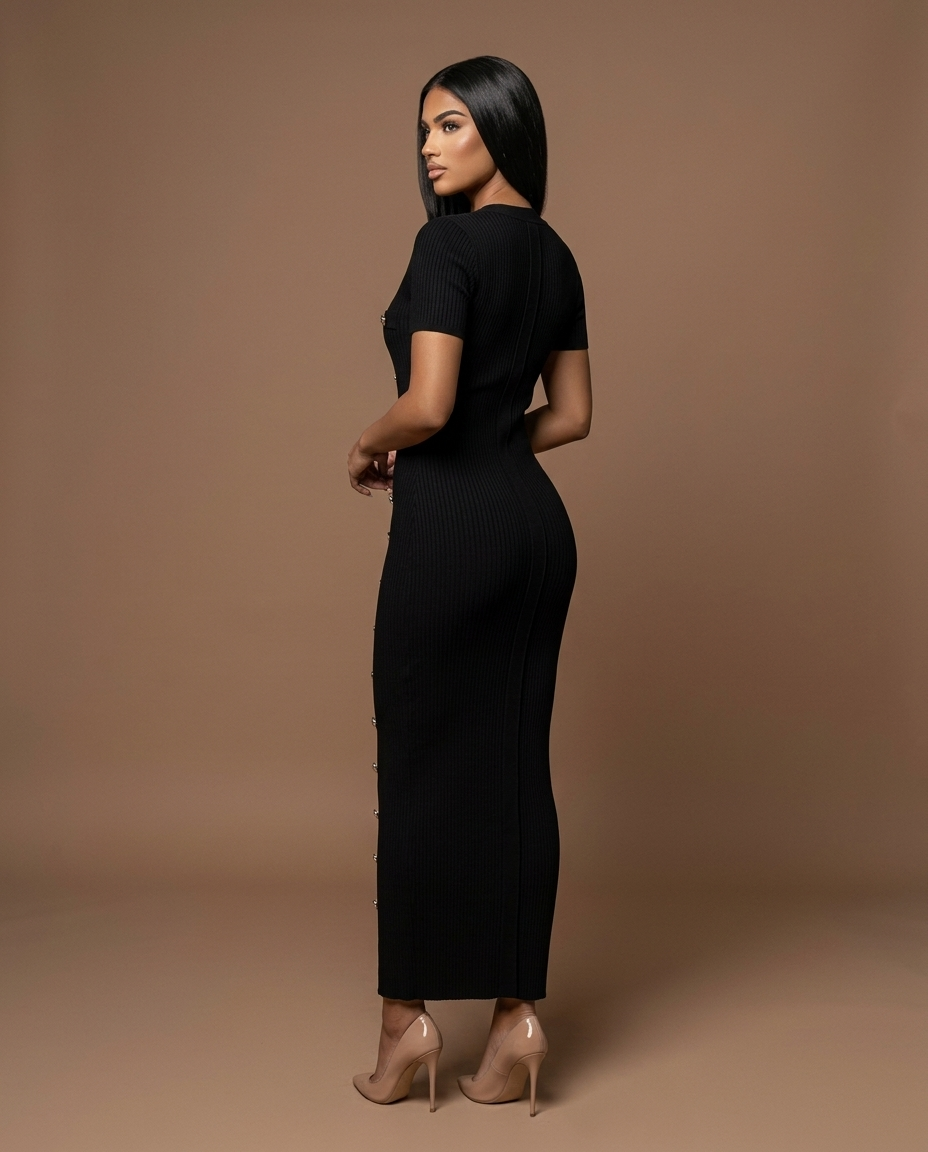 Blaire Knit Button Maxi Black — Rear Side