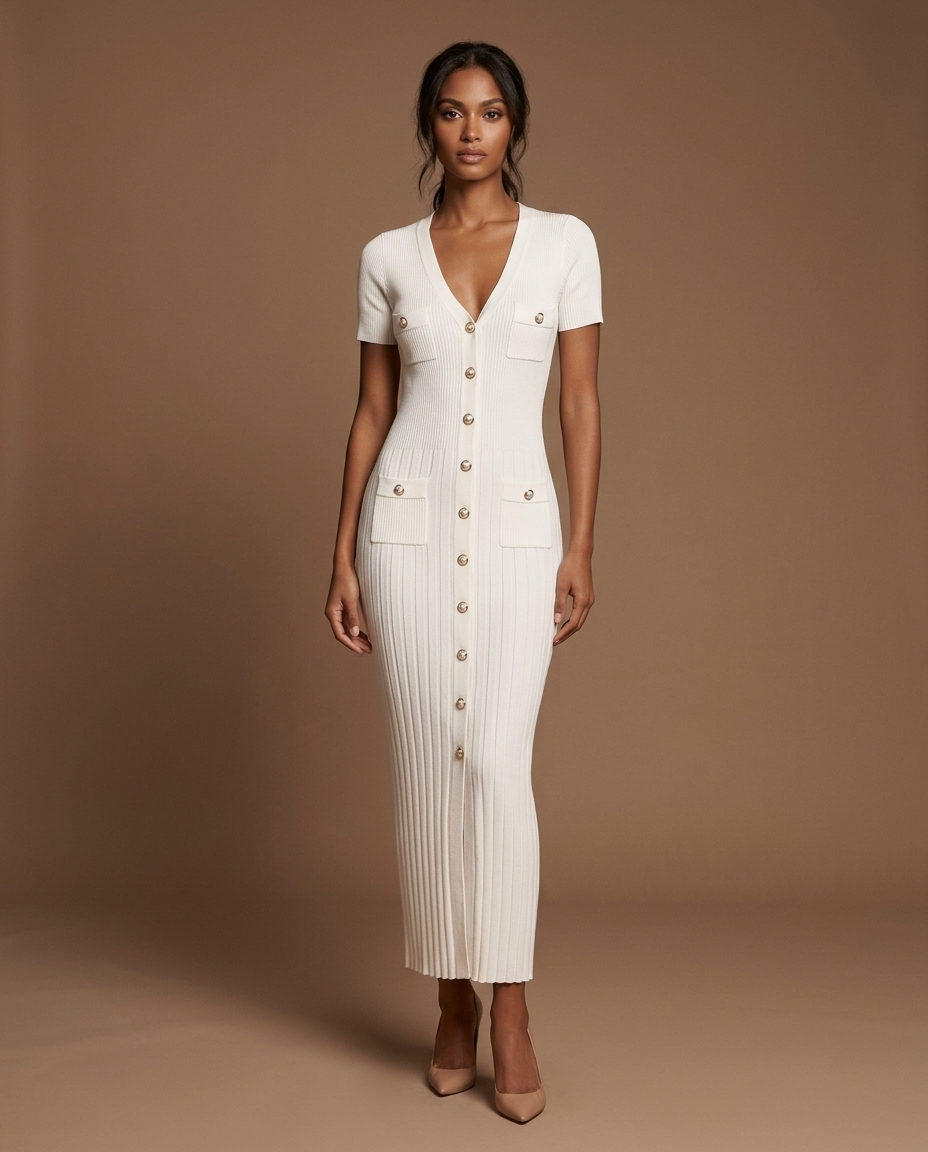 Blaire Knit Button Maxi White — Front