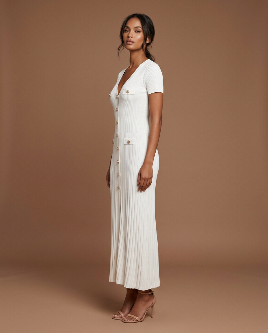 Blaire Knit Button Maxi White — Side