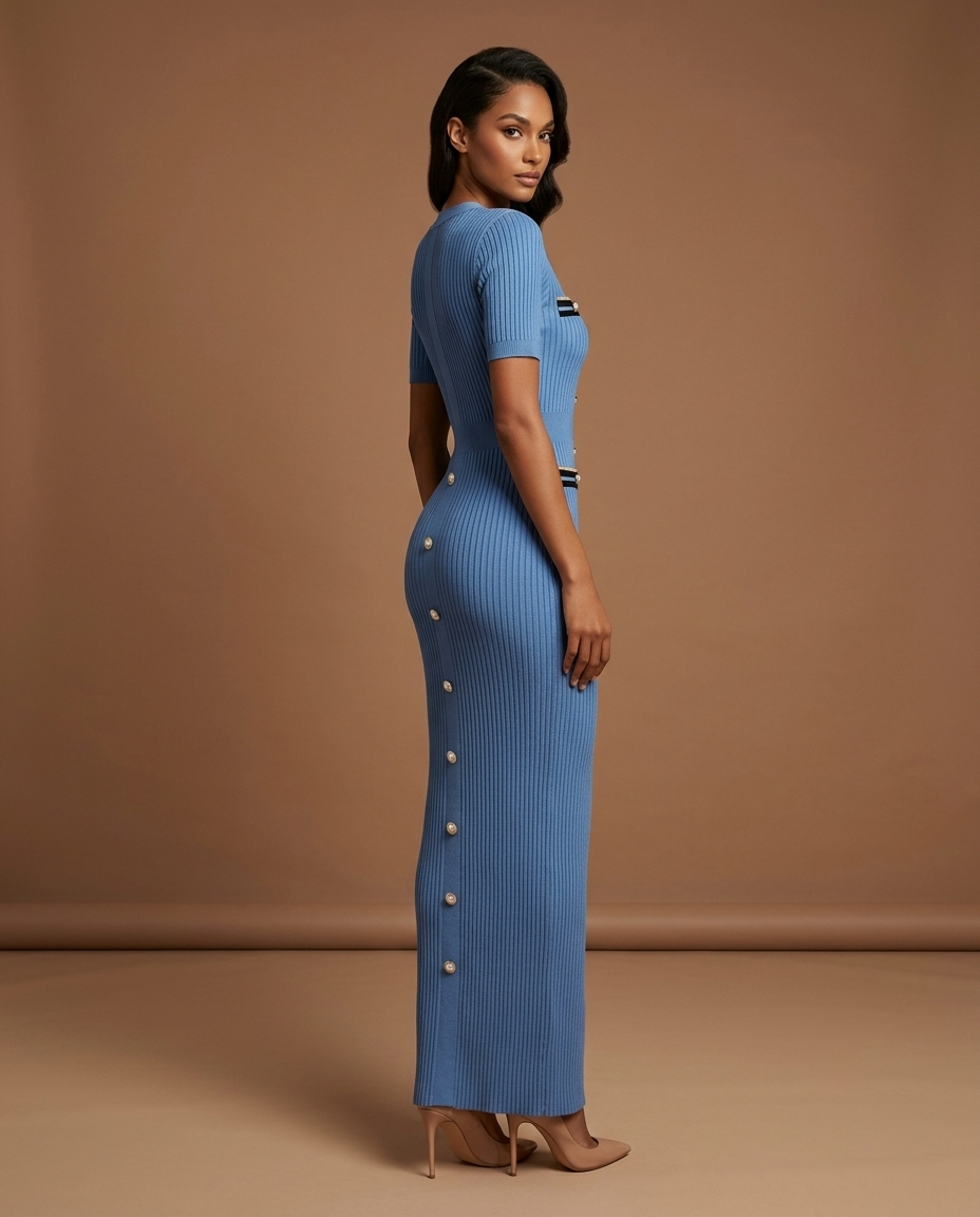 Blaire Knit Button Maxi Blue — Rear Side