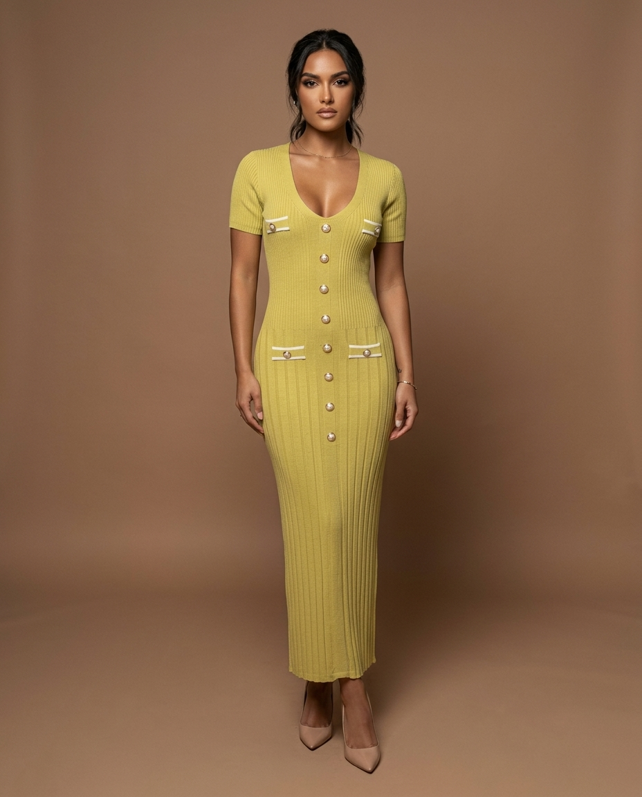 Blaire Knit Button Maxi Yellow Green — Front