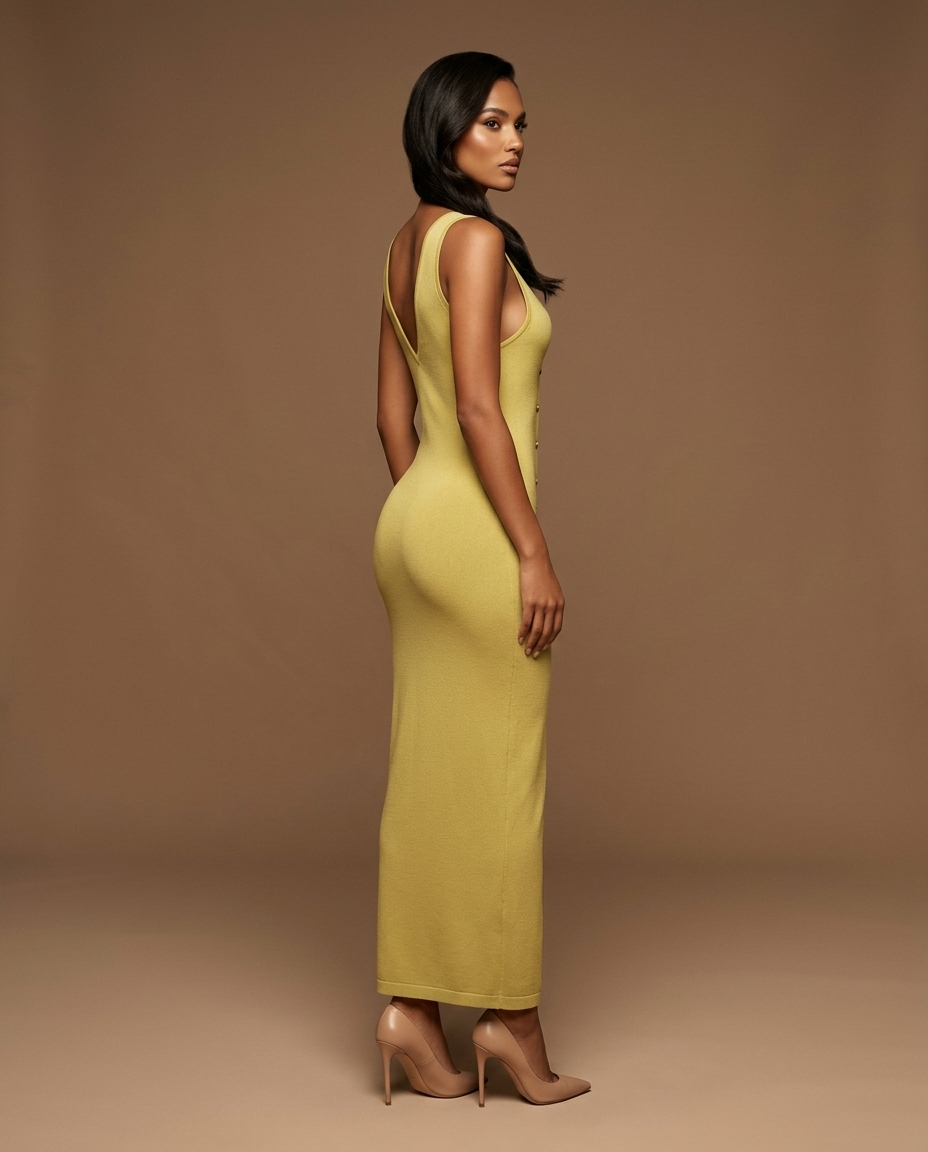 Blaire Knit Button Maxi Yellow Green — Rear Side
