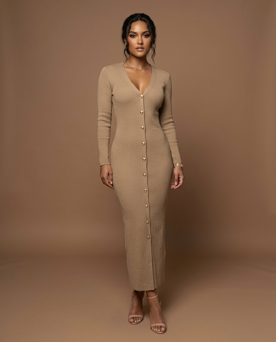 Blaire Knit Button Maxi Khaki — Front