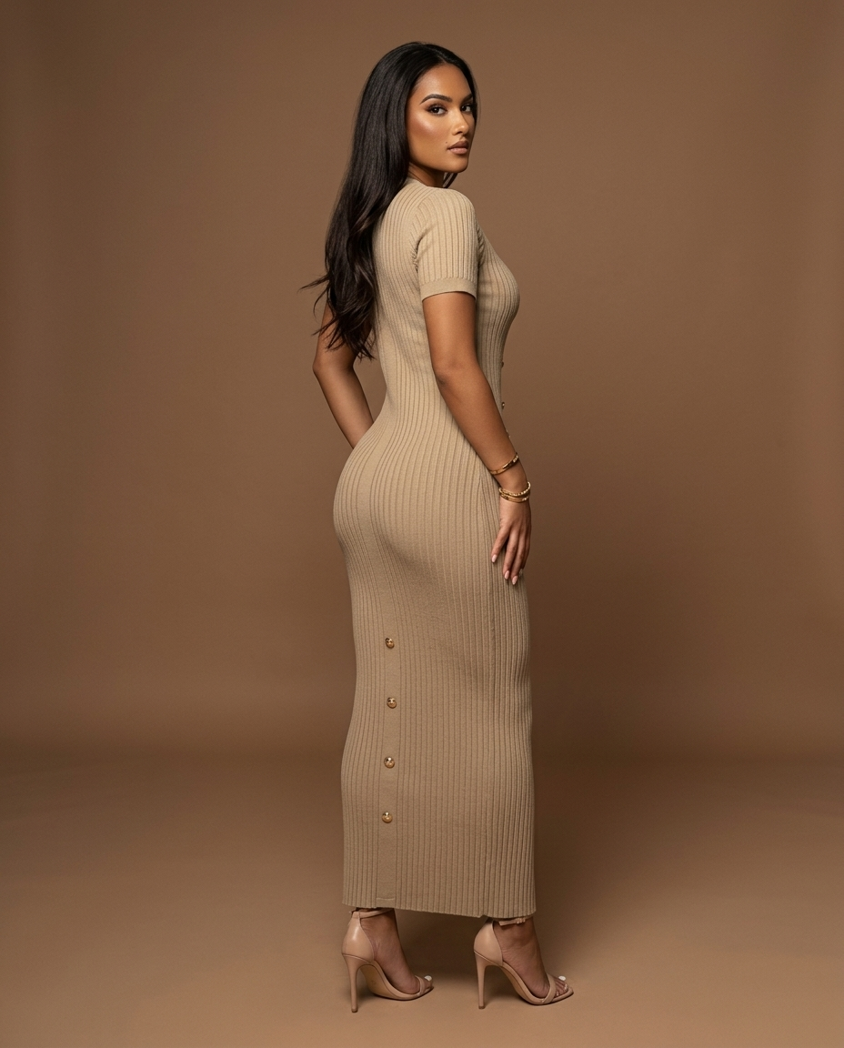 Blaire Knit Button Maxi Khaki — Rear Side