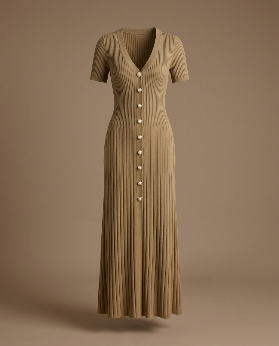 Blaire Knit Button Maxi Khaki — Dress Only