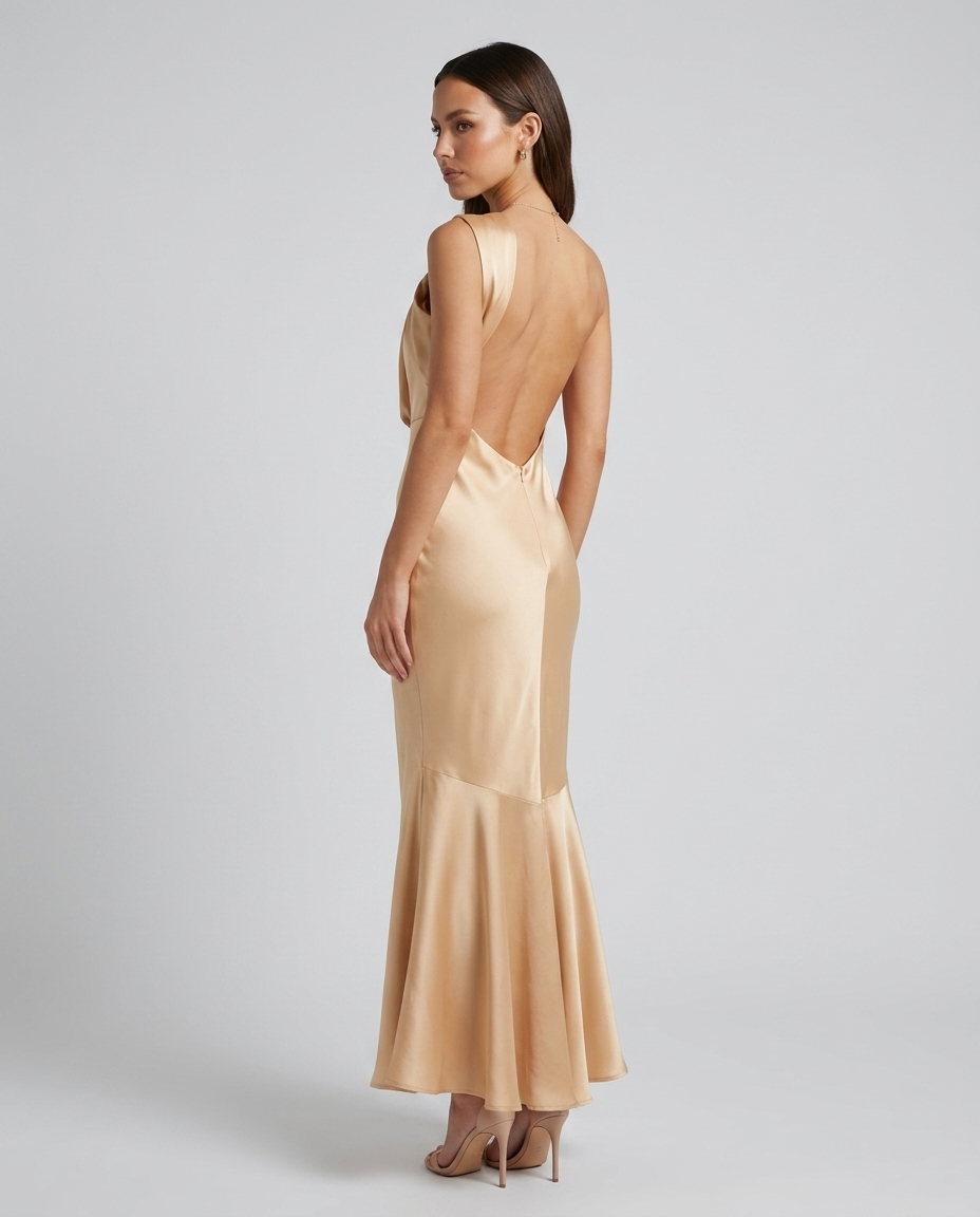 Monroe Satin Fishtail Dress Apricot — Rear Side