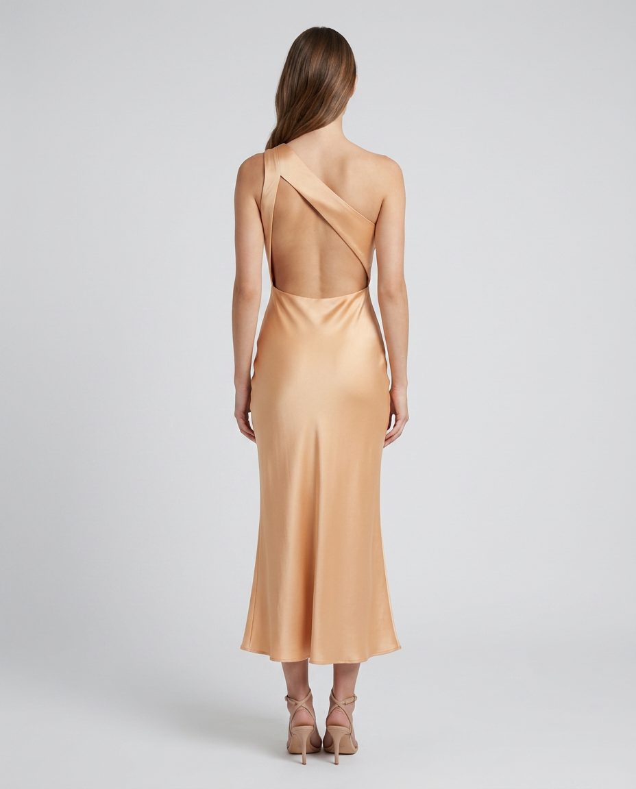 Monroe Satin Fishtail Dress Apricot — Rear