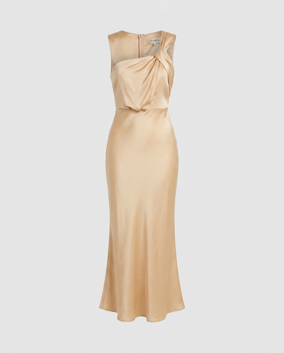 Monroe Satin Fishtail Dress Apricot — Dress Only