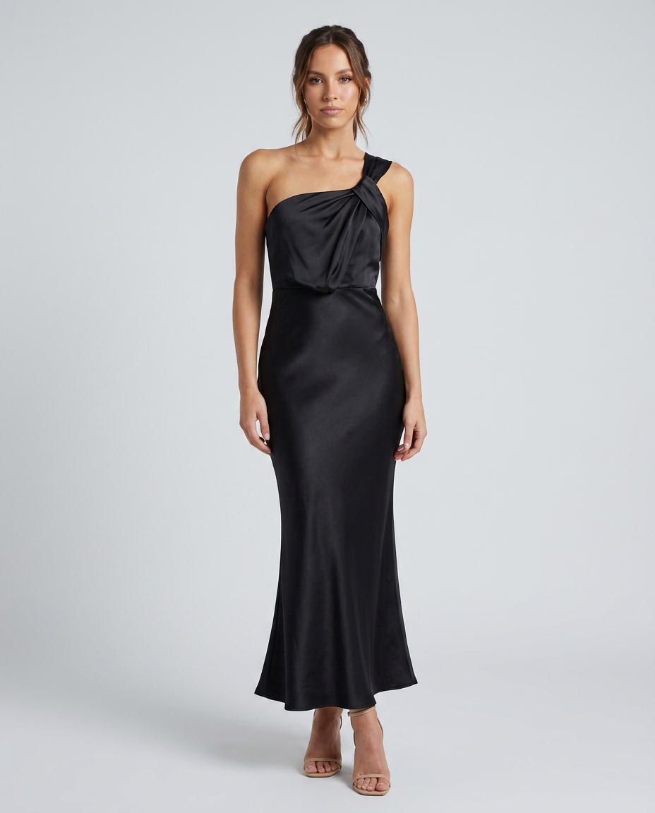 Monroe Satin Fishtail Dress Black — Front