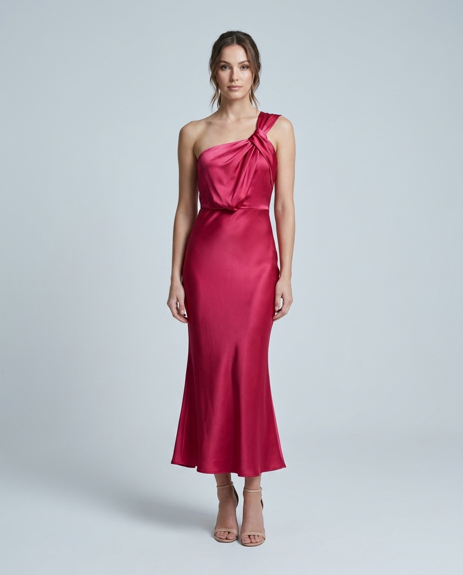 Monroe Satin Fishtail Dress Rose Red — Front