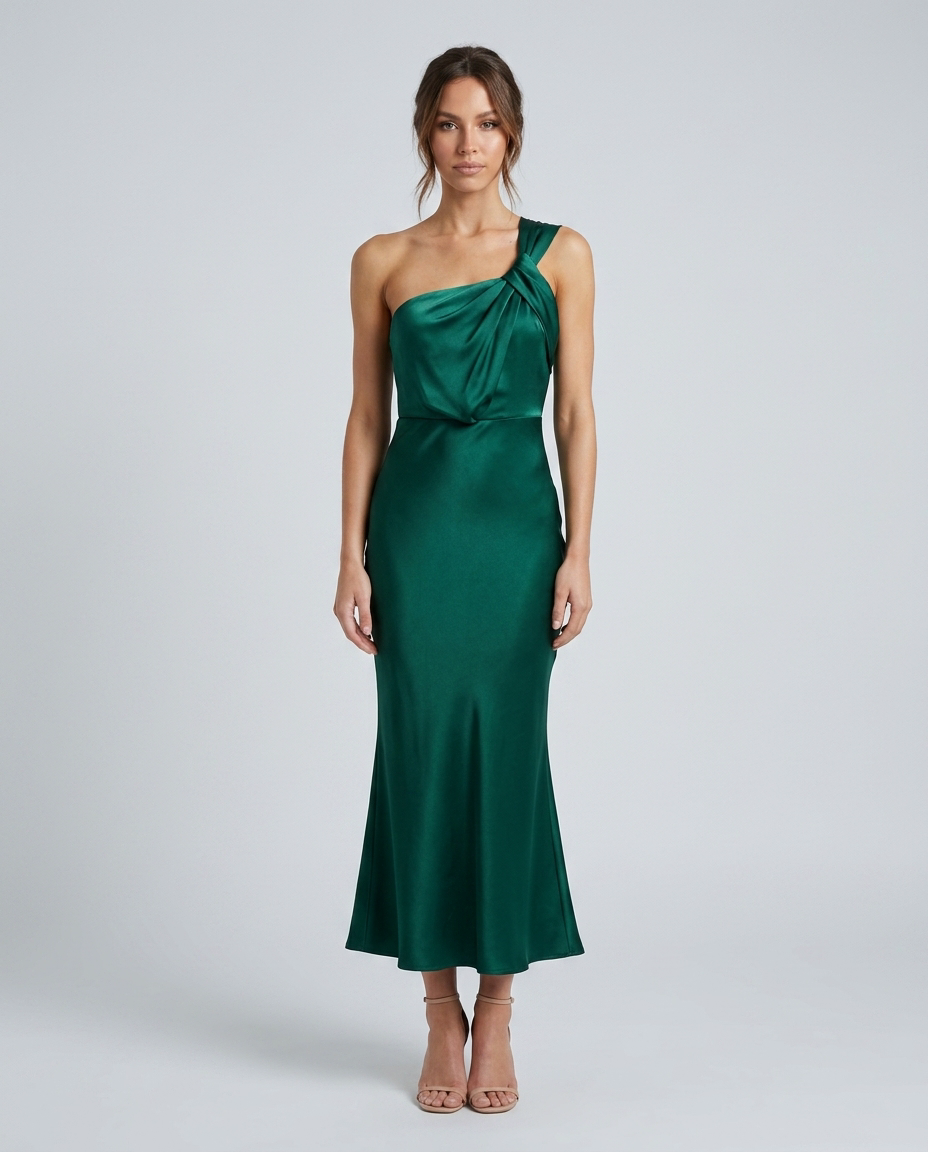 Monroe Satin Fishtail Dress Green — Front