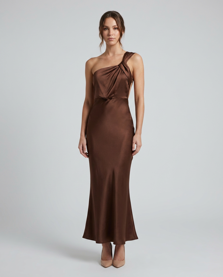 Monroe Satin Fishtail Dress Brown — Front