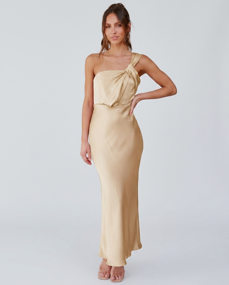 Monroe Satin Fishtail Dress Apricot — Front (Corrected)