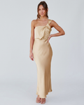 Monroe Satin Fishtail Dress Apricot — Front (Corrected)