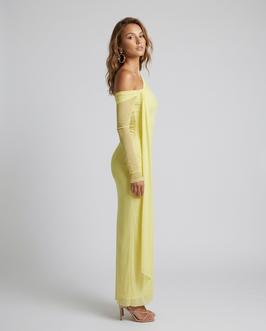Zafira Sheer One Shoulder Gown — Yellow — Side