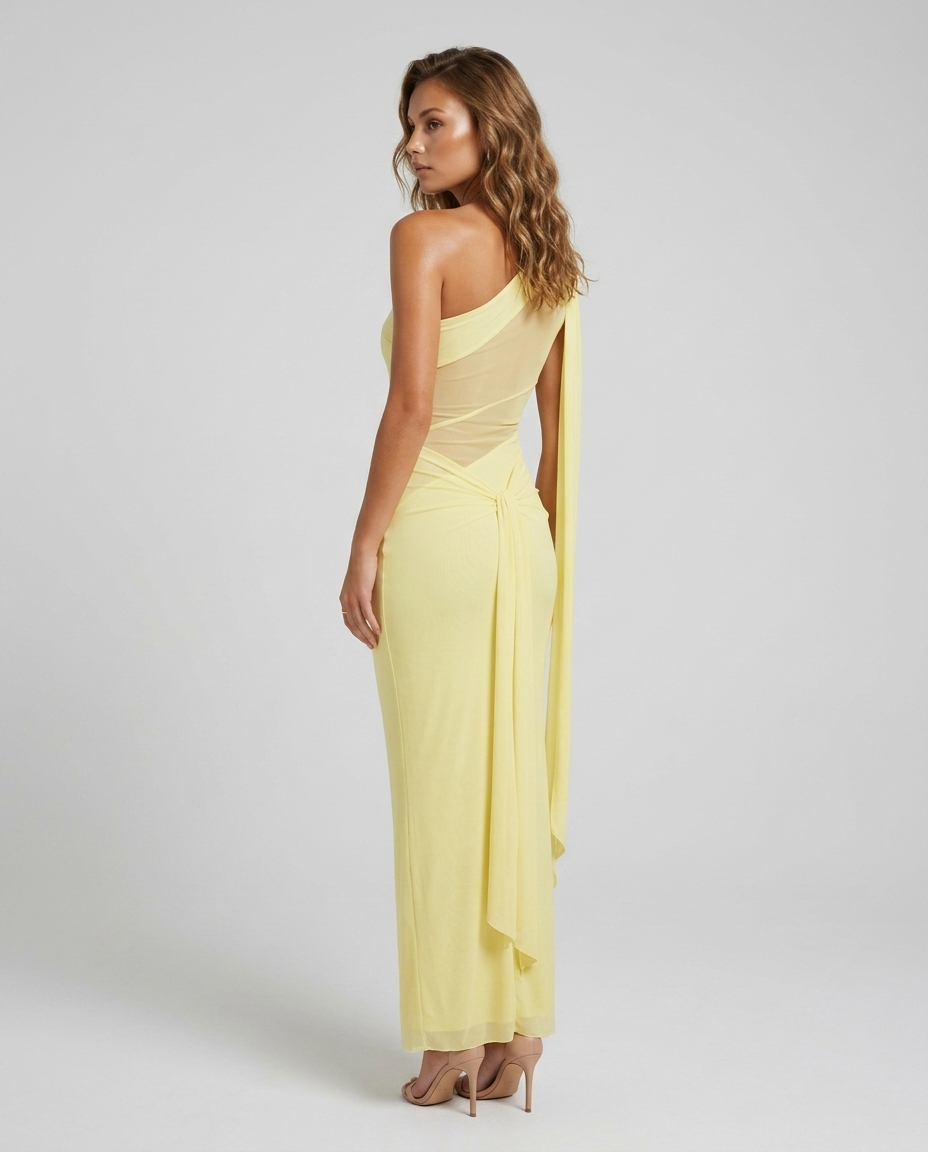 Zafira Sheer One Shoulder Gown — Yellow — Rear-Side