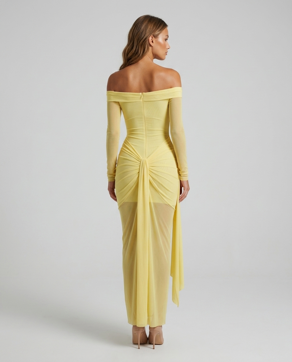 Zafira Sheer One Shoulder Gown — Yellow — Rear