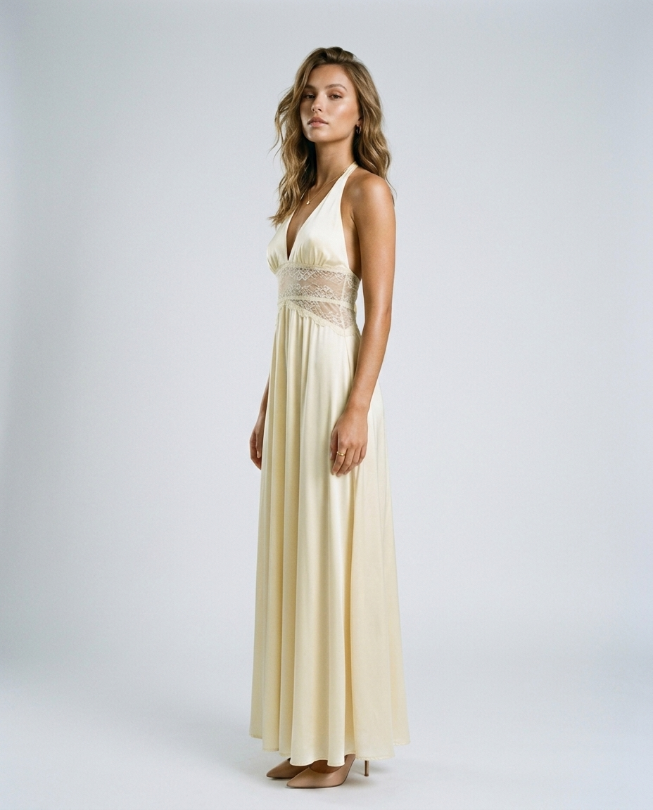 Eliora Lace Halter Gown — Yellow — Side