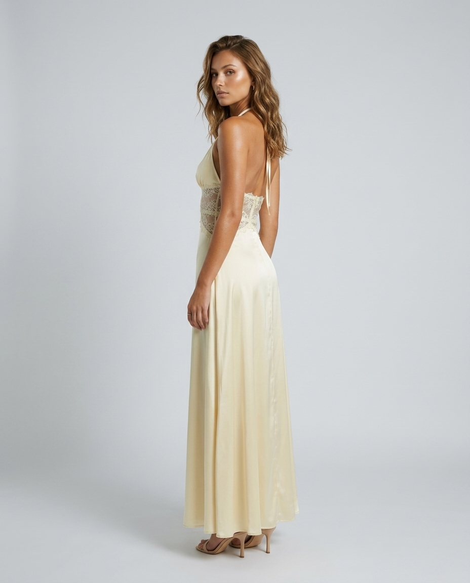 Eliora Lace Halter Gown — Yellow — Rear-Side