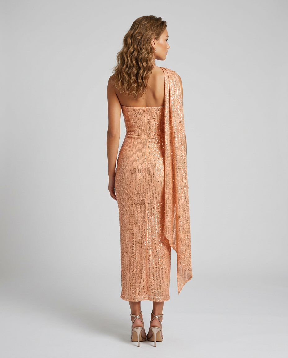 Lumara Sequin Column Dress - Apricot - Rear