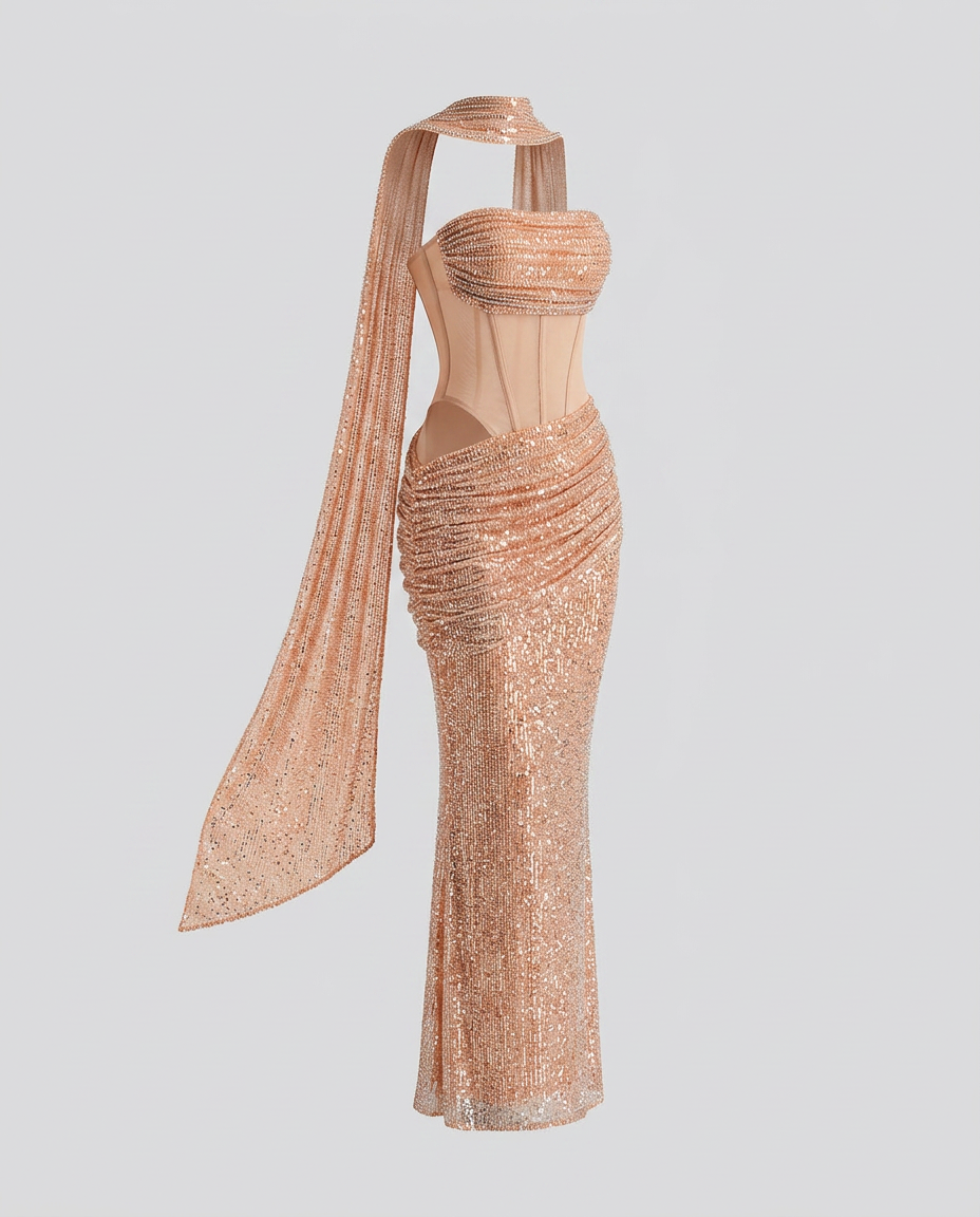 Lumara Sequin Column Dress - Apricot - Ghost