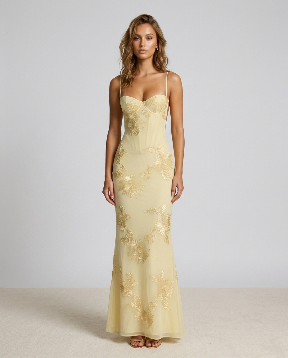 Tivora Embroidered Backless Gown - Light Yellow - Front