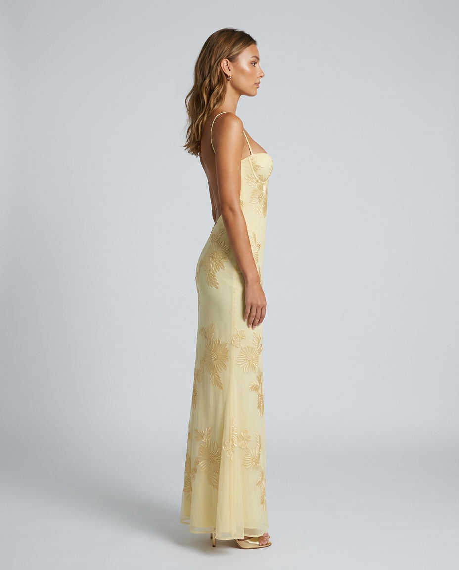 Tivora Embroidered Backless Gown - Light Yellow - Side