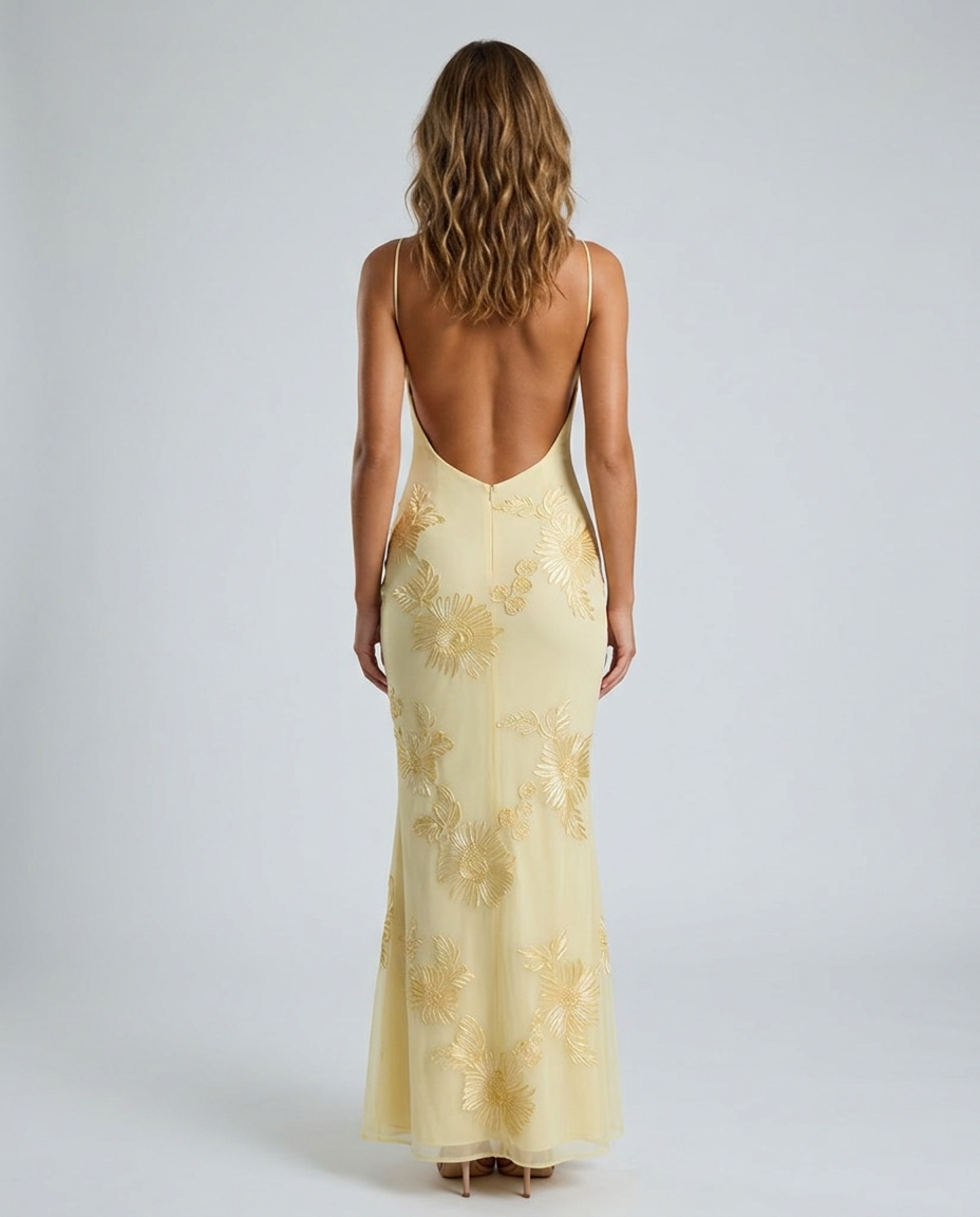 Tivora Embroidered Backless Gown - Light Yellow - Rear