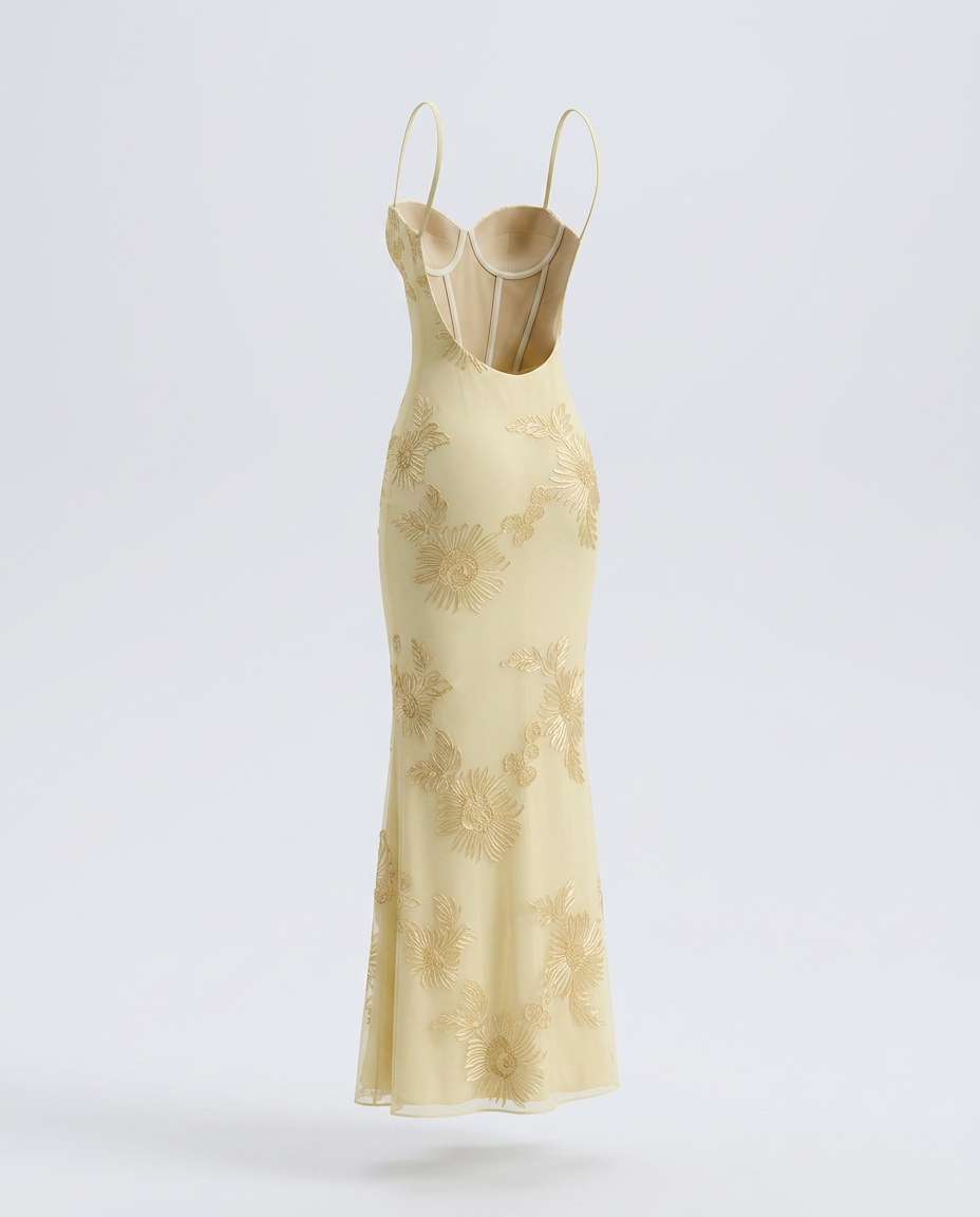 Tivora Embroidered Backless Gown - Light Yellow - Ghost