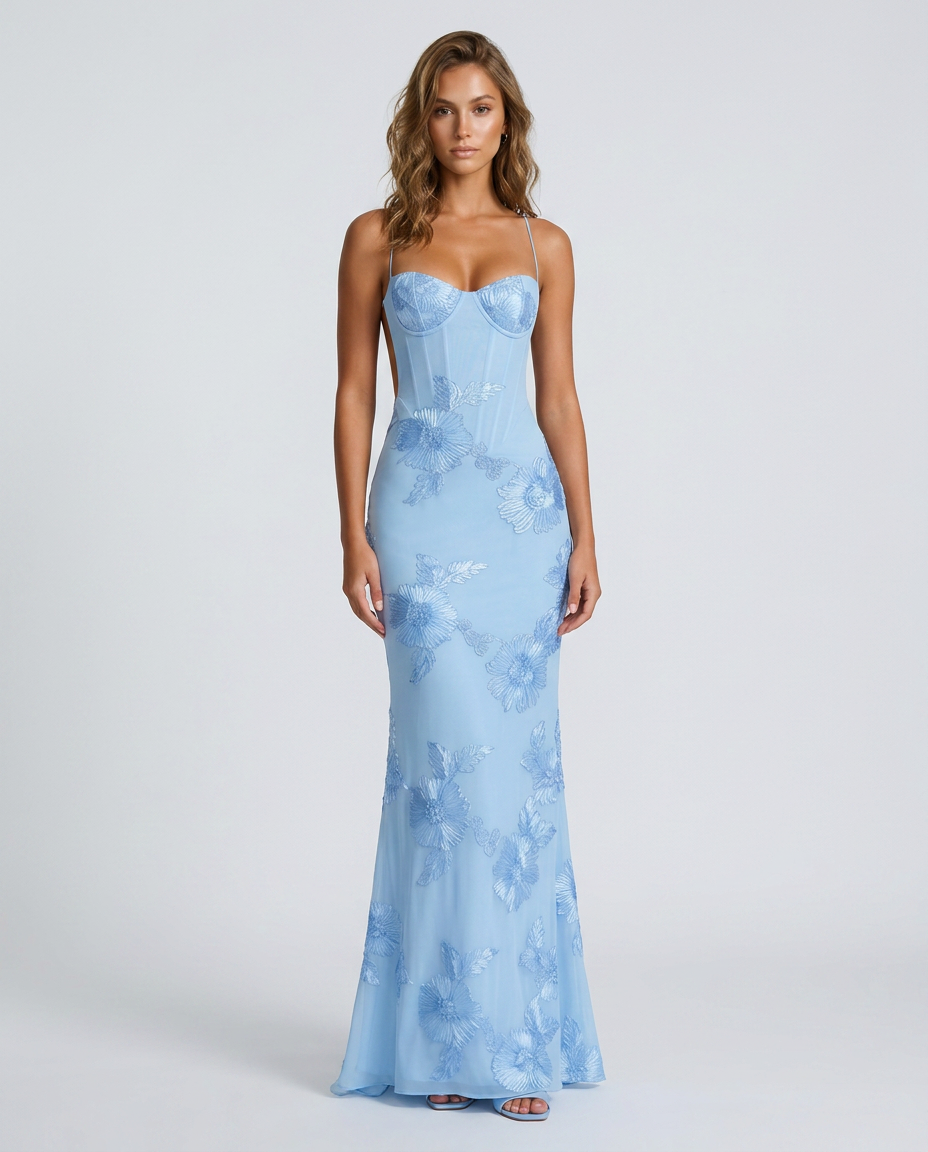 Tivora Embroidered Backless Gown - Light Blue - Front