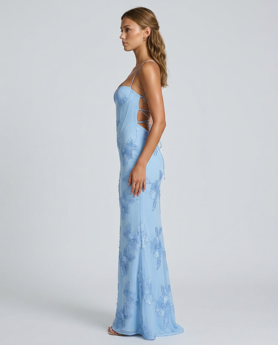 Tivora Embroidered Backless Gown - Light Blue - Side