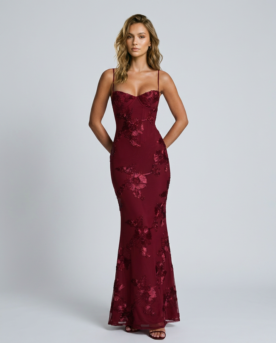 Tivora Embroidered Backless Gown - Burgundy - Front