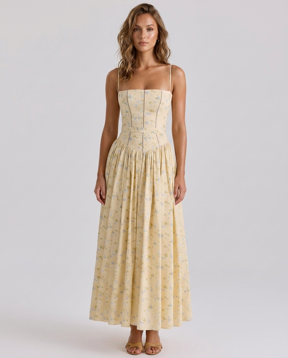 Florenne Printed Midi Dress Yellow - Front