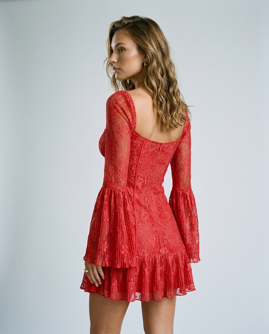 Cassara Lace Bell Sleeve Dress Red - Rear-Side