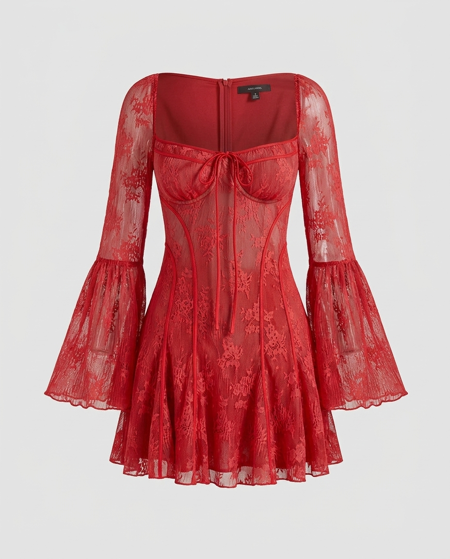 Cassara Lace Bell Sleeve Dress Red - Ghost