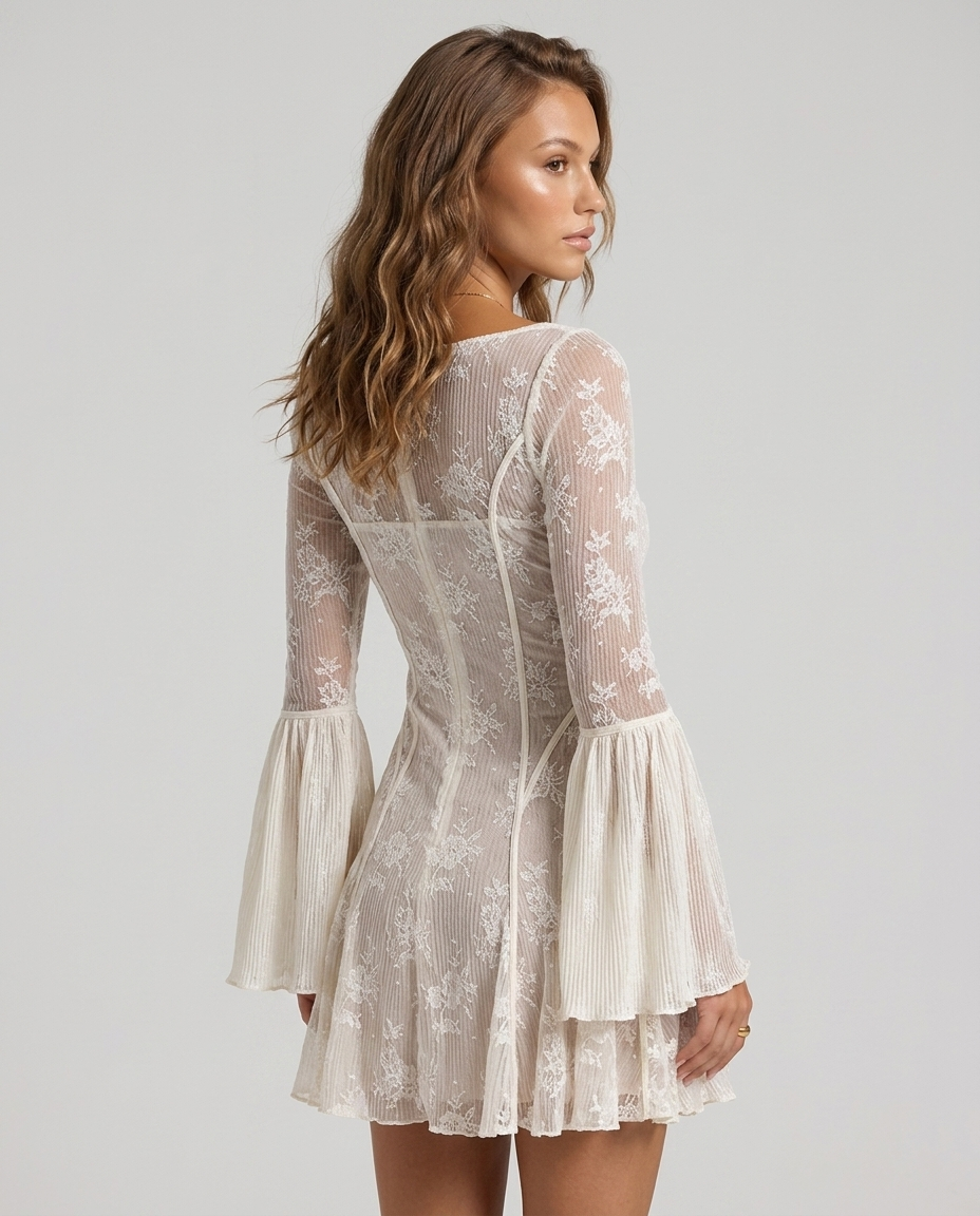 Cassara Lace Bell Sleeve Dress White - Rear-Side