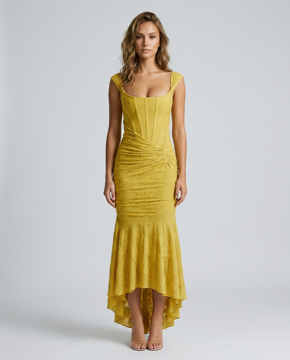 Vionette Jacquard Fishtail Dress Yellow Front